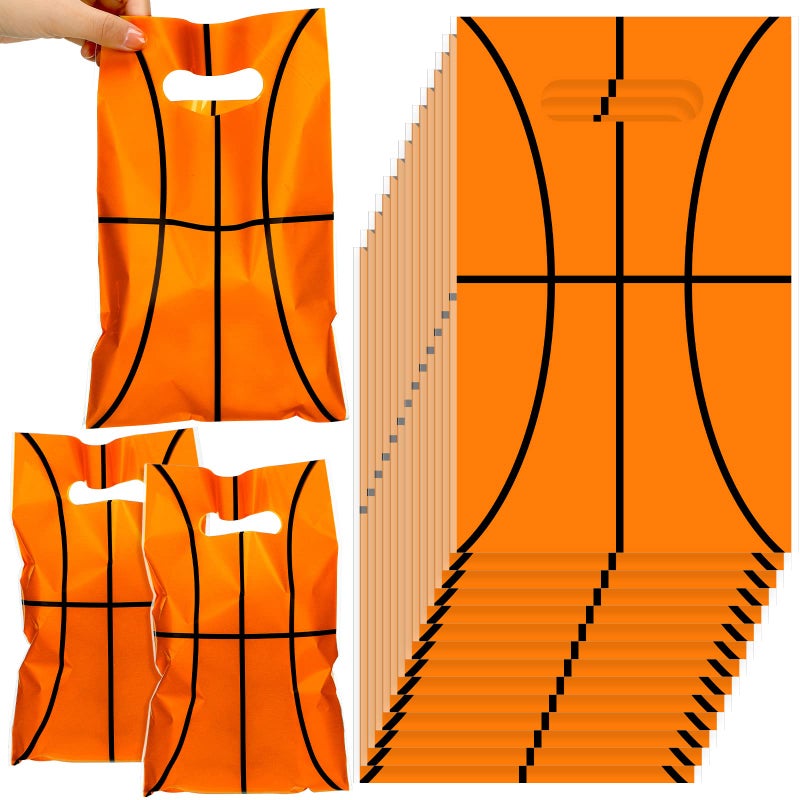 Sinmoe 50 Pcs Basketball Goodie Bags Basketball Treat Candy Bags Plastic Party Favor Bags Basketball Gift Bag Basketball Theme Gift Bag Basketball Party Supplies for Birthday Party 64 x 10 In