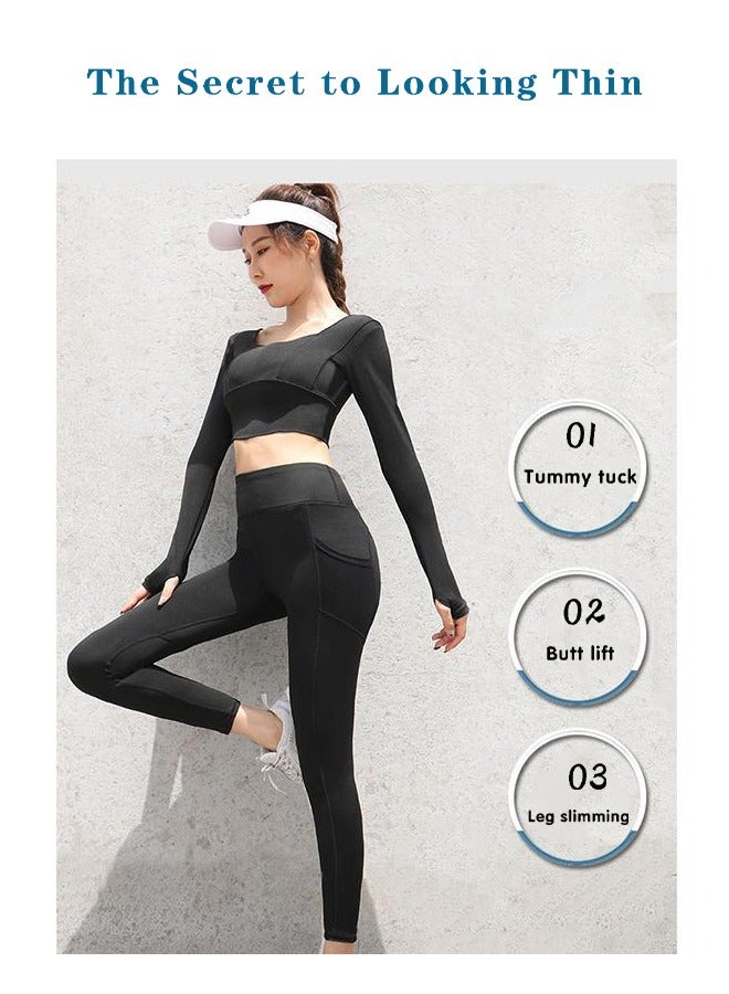 Compression Leggings for Women,  with1Pockets, Tummy Control Workout Gym Running Yoga Pants(Black) - Image 3