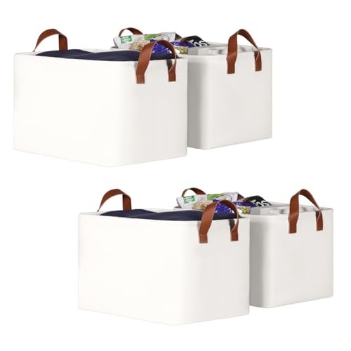 KEEGH Storage Baskets for Organizing, Fabric Storage Bins with Leather Handles, Shelf Baskets for Closet Organization, 15" L x 11" W x 10" H, White, 4 Pack - Image 1