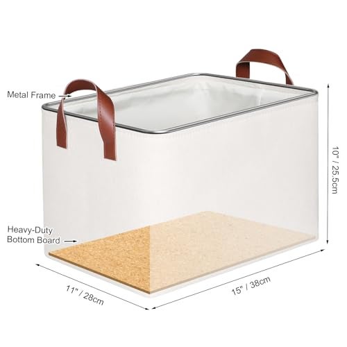 KEEGH Storage Baskets for Organizing, Fabric Storage Bins with Leather Handles, Shelf Baskets for Closet Organization, 15" L x 11" W x 10" H, White, 4 Pack - Image 2