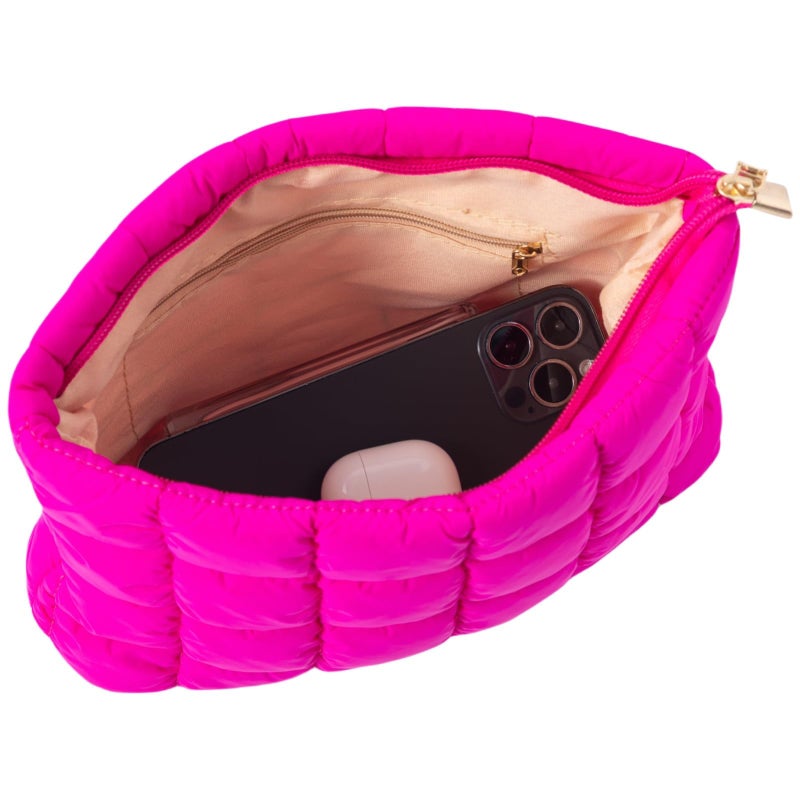 CECKQUE Soft Checkered Quilted Puffy Makeup Bag for Women, Aesthetic Puffer Cosmetic Bag Pouch for Purse (Hot Pink) - Image 4