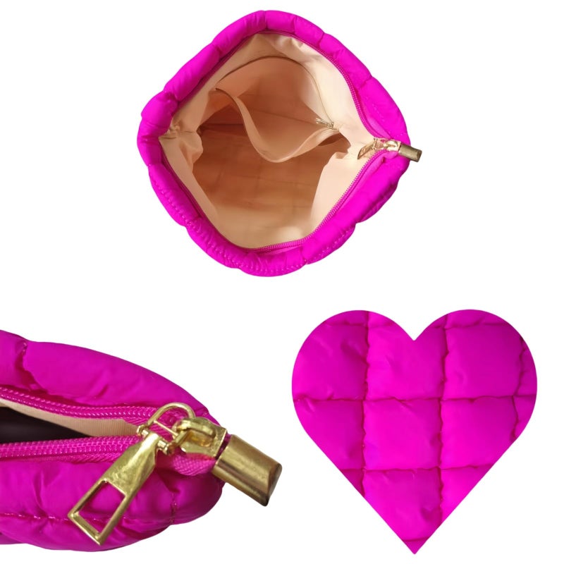CECKQUE Soft Checkered Quilted Puffy Makeup Bag for Women, Aesthetic Puffer Cosmetic Bag Pouch for Purse (Hot Pink) - Image 2
