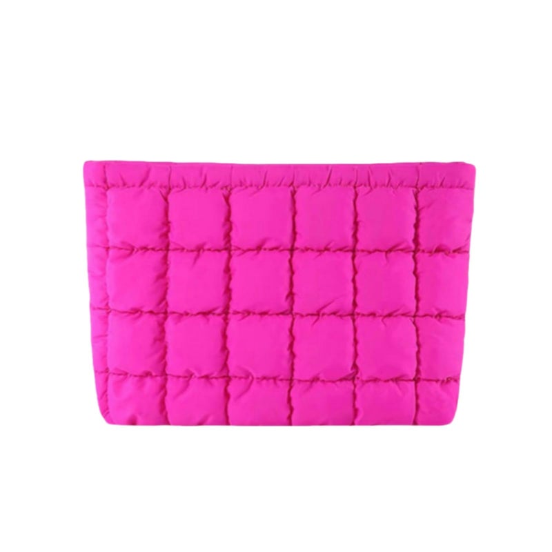 CECKQUE Soft Checkered Quilted Puffy Makeup Bag for Women, Aesthetic Puffer Cosmetic Bag Pouch for Purse (Hot Pink) - Image 1