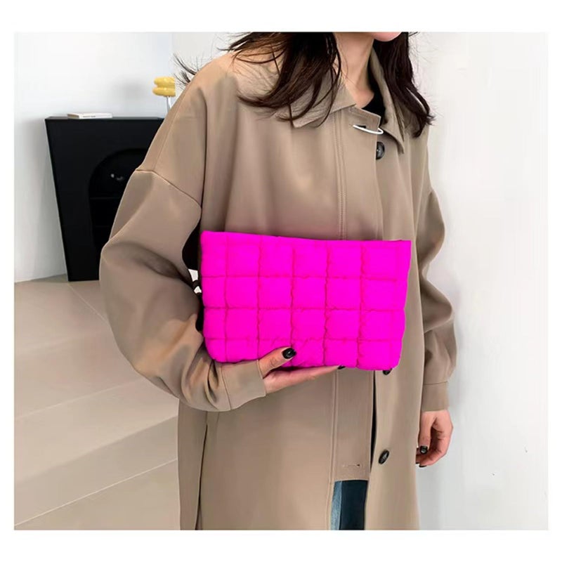 CECKQUE Soft Checkered Quilted Puffy Makeup Bag for Women, Aesthetic Puffer Cosmetic Bag Pouch for Purse (Hot Pink) - Image 5