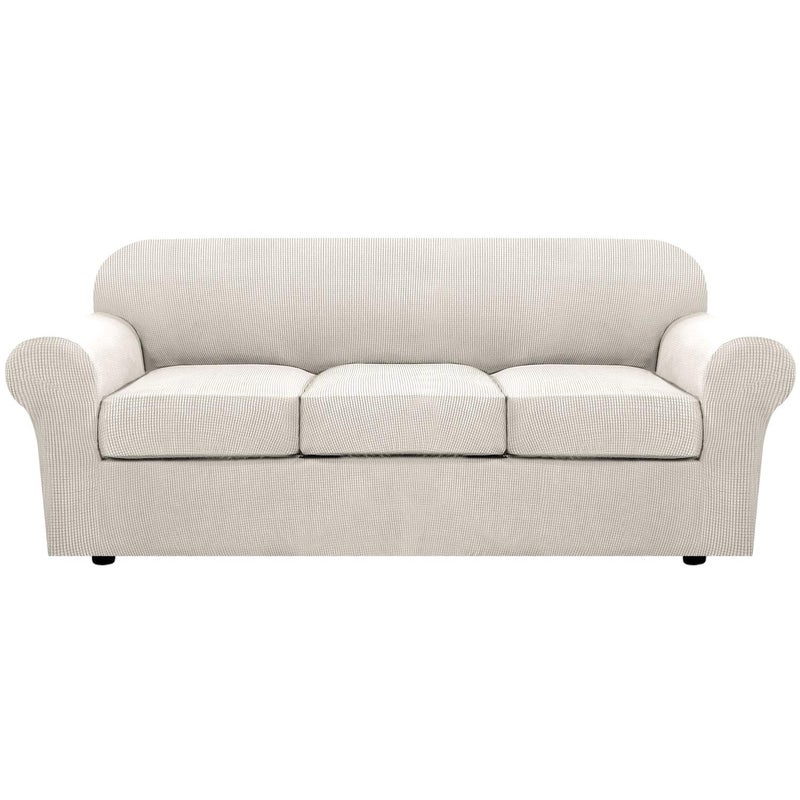 HVERSAILTEX 4 Piece Stretch Couch Covers for 3 Cushion Couch Sofa Furniture Slipcovers Feature Upgraded Thicker Jacquard Fabric Sofa Ivory
