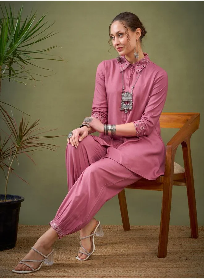 SASSAFRAS Floral Embroidered Collar Shirt & Pants Co-Ord by Styli