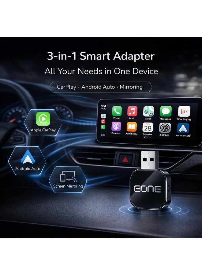 إيون محول EONE اللاسلكي CarPlay 3 في 1، يدعم CarPlay وAndroid Auto لاسلكيًا، وجهاز عرض شاشة الهاتف، ومحول USB سهل الاستخدام لأنظمة المعلومات والترفيه في السيارة والتلفزيون - أسود - Image 3