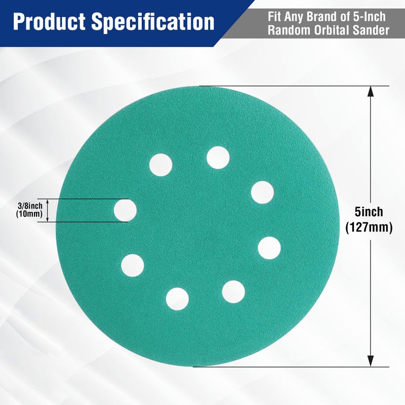 WORKPRO 150-piece Premium Sanding Discs Set, 5" 8-Hole Polyester Film Hook and Loop Sandpaper, 10 Grades Include 60, 80, 100, 120, 150,180, 240, 320, 400, 600 Grits for Random Orbital Sander, Green - Image 4