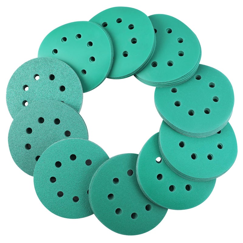 WORKPRO 150-piece Premium Sanding Discs Set, 5" 8-Hole Polyester Film Hook and Loop Sandpaper, 10 Grades Include 60, 80, 100, 120, 150,180, 240, 320, 400, 600 Grits for Random Orbital Sander, Green - Image 1