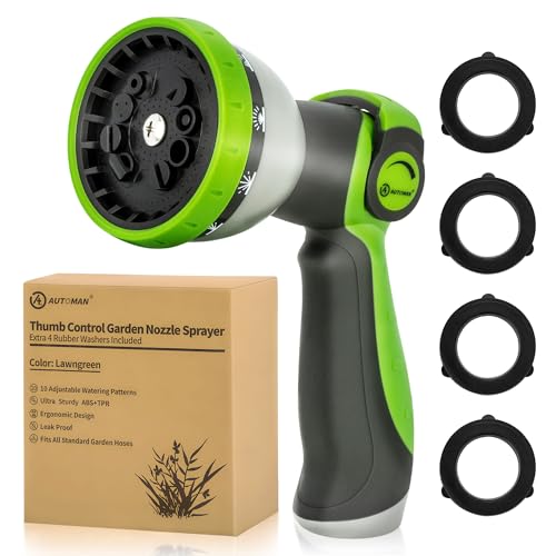 AUTOMAN Garden Hose Nozzle Sprayer - 10 Spray Patterns, Thumb Control On Off Valve, Durable Water Nozzle, Extra 4 Washers, for Watering Garden, Cleaning, Washing Car, Showering Pets Lawngreen - Image 1
