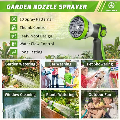 AUTOMAN Garden Hose Nozzle Sprayer - 10 Spray Patterns, Thumb Control On Off Valve, Durable Water Nozzle, Extra 4 Washers, for Watering Garden, Cleaning, Washing Car, Showering Pets Lawngreen - Image 5