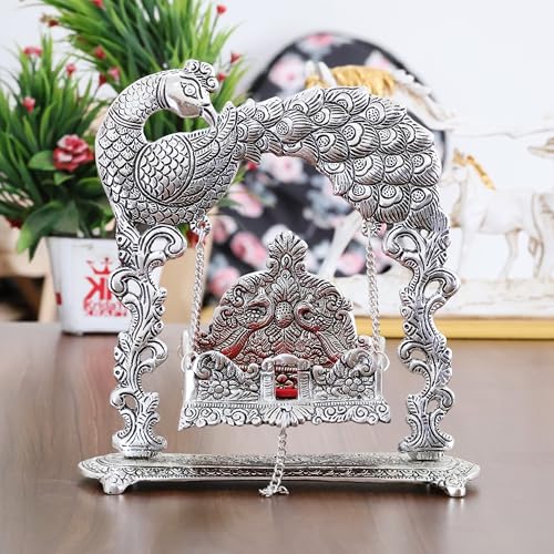 KridayKraft Metal Laddu Gopal Jhulla For Janmastmi Festive Silver Plated Polish Decorative Metal Palna For Krishna Ji, Temple Office,Gift Article, 20 cm , 23 cm - Image 1