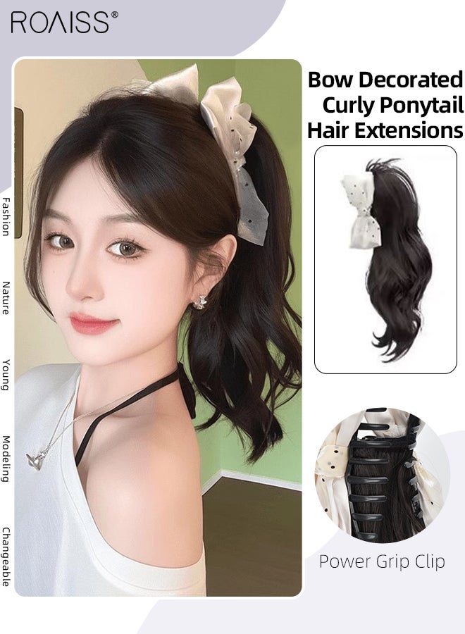 roaiss Claw Natural Curly Ponytail Hair Extensions with Bow for Women Party Hairstyles Synthetic Wigs Fashion Accessories for Daily Use 35cm (14 Inch) - Natural Black - Image 1