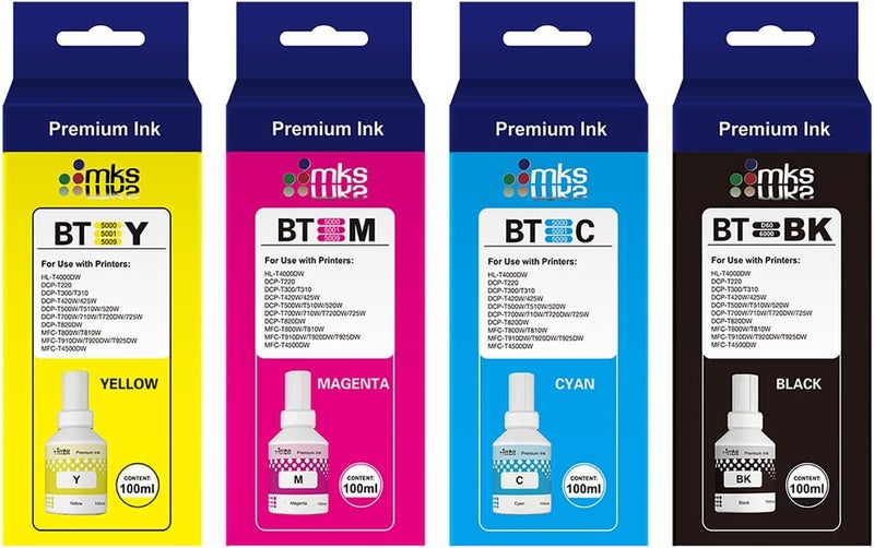 MKS Ink Set (100Ml) Btd60Bk / Bt5000C / Bt5000Y / Bt5000M For Brother Ink Tank Dcp- T220/T300/T310/T420W/T500W/T510W/T520W/T700W/T710W/T720Dw/T820Dw/T825Dw/Mfc-T800W/T810W/T910Dw/T920Dw/T925Dw/T4500Dw - Image 1