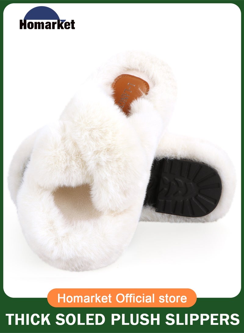 هومار كيت شبشب نسائي منفوش بلون واحد - شبشب شتوي كاجوال، شبشب منفوش أنيق بشريط متقاطع، شبشب مريح للاستخدام الداخلي - بطانة من الصوف الفاخر، شبشب منزلي مفتوح الأصابع مضاد للانزلاق - هدية مثالية للعائلة والأصدقاء، أبيض - Image 2