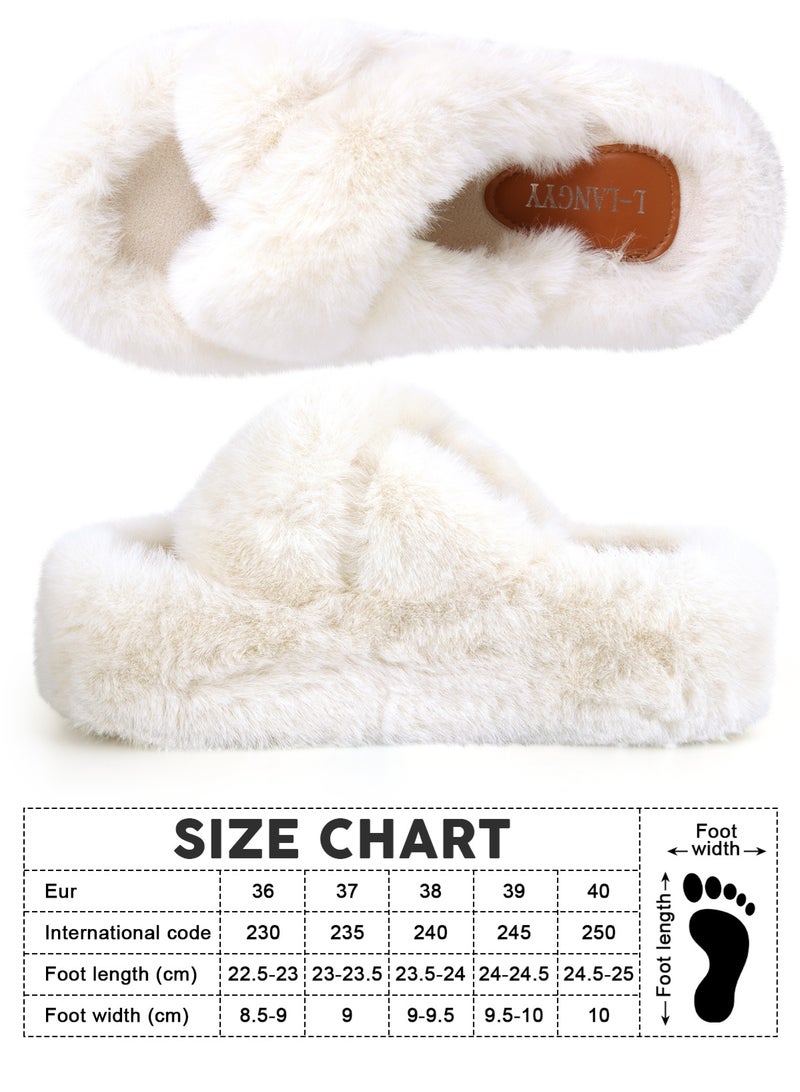 هومار كيت شبشب نسائي منفوش بلون واحد - شبشب شتوي كاجوال، شبشب منفوش أنيق بشريط متقاطع، شبشب مريح للاستخدام الداخلي - بطانة من الصوف الفاخر، شبشب منزلي مفتوح الأصابع مضاد للانزلاق - هدية مثالية للعائلة والأصدقاء، أبيض - Image 4