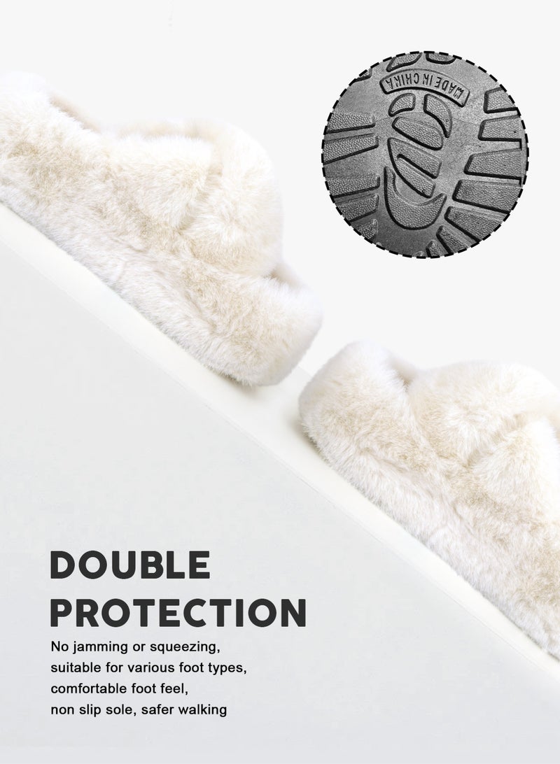 هومار كيت شبشب نسائي منفوش بلون واحد - شبشب شتوي كاجوال، شبشب منفوش أنيق بشريط متقاطع، شبشب مريح للاستخدام الداخلي - بطانة من الصوف الفاخر، شبشب منزلي مفتوح الأصابع مضاد للانزلاق - هدية مثالية للعائلة والأصدقاء، أبيض - Image 5
