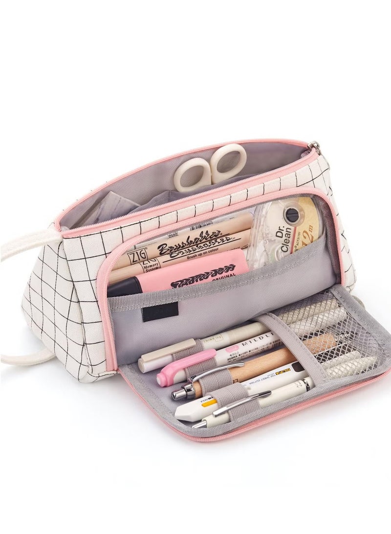 DURKU Plaid White Pencil Case, Large Capacity Storage Pouch Marker Pen Pencil Case, Large Storage Pen Case Pencil Bag for Office Travel Holder Box - Image 1