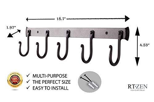 RTZEN Wall Mount Hook Set - Wrought Iron Decorative Rustic Metal Coat Hooks for Hanging - Handcrafted Classic Farmhouse Wall Mounted Black Hooks for Towel Robe or Hat Hanging - 5 Hook Rack - Image 4