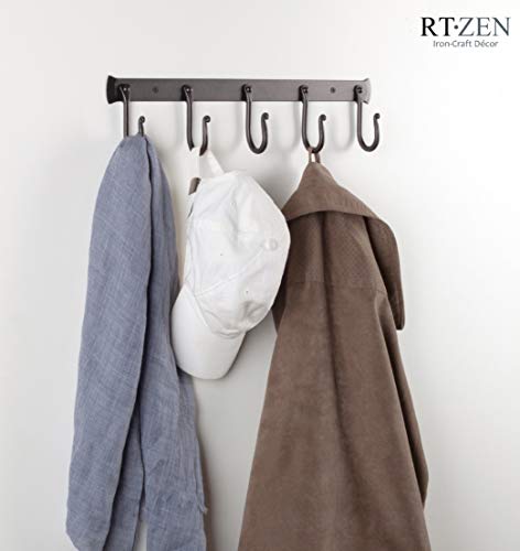 RTZEN Wall Mount Hook Set - Wrought Iron Decorative Rustic Metal Coat Hooks for Hanging - Handcrafted Classic Farmhouse Wall Mounted Black Hooks for Towel Robe or Hat Hanging - 5 Hook Rack - Image 2