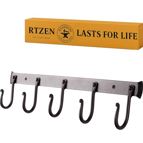 RTZEN Wall Mount Hook Set - Wrought Iron Decorative Rustic Metal Coat Hooks for Hanging - Handcrafted Classic Farmhouse Wall Mounted Black Hooks for Towel Robe or Hat Hanging - 5 Hook Rack - Image 1