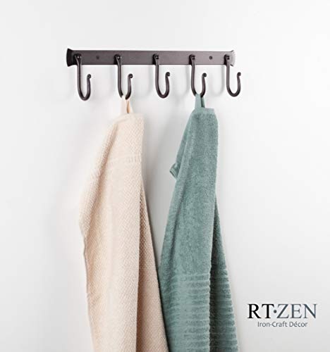 RTZEN Wall Mount Hook Set - Wrought Iron Decorative Rustic Metal Coat Hooks for Hanging - Handcrafted Classic Farmhouse Wall Mounted Black Hooks for Towel Robe or Hat Hanging - 5 Hook Rack - Image 3