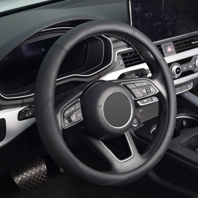 KAFEEK Black Steering Wheel Cover Universal 15 inch Microfiber Leather Black Soft and Odorless Durable Leather Cover with AntiSlip Lining