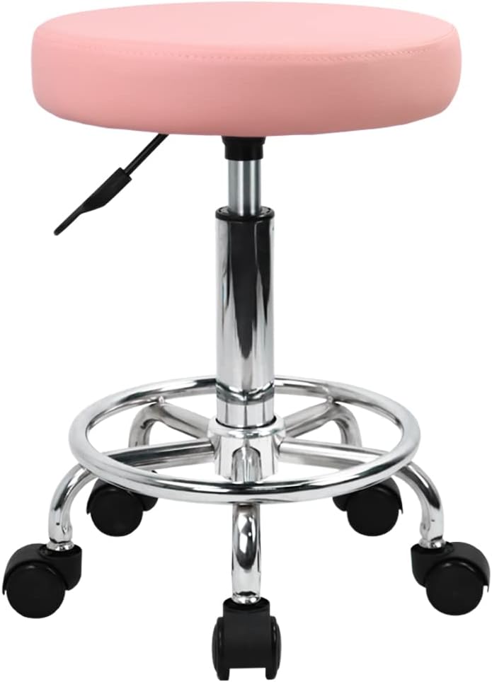 KKTONER PU Leather Round Rolling Stool with Foot Rest Swivel Height Adjustment Spa Drafting Salon Tattoo Work Office Massage Stools Task Chair (Pink) - Image 1