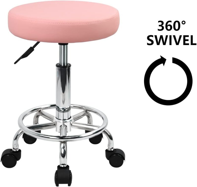 KKTONER PU Leather Round Rolling Stool with Foot Rest Swivel Height Adjustment Spa Drafting Salon Tattoo Work Office Massage Stools Task Chair (Pink) - Image 4