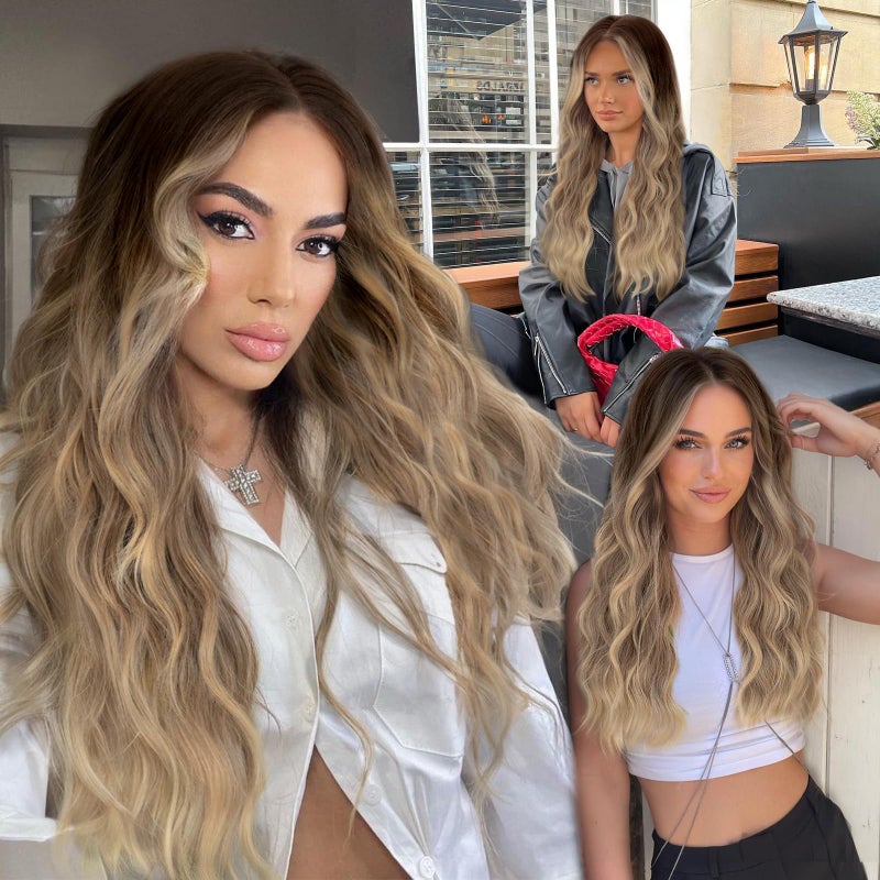 AISI HAIR Ombre Dirty Blonde Wig for Women, Long Wavy Lace Hairline Middle Part Synthetic Wig for Daily Party-26 Inch - Image 3