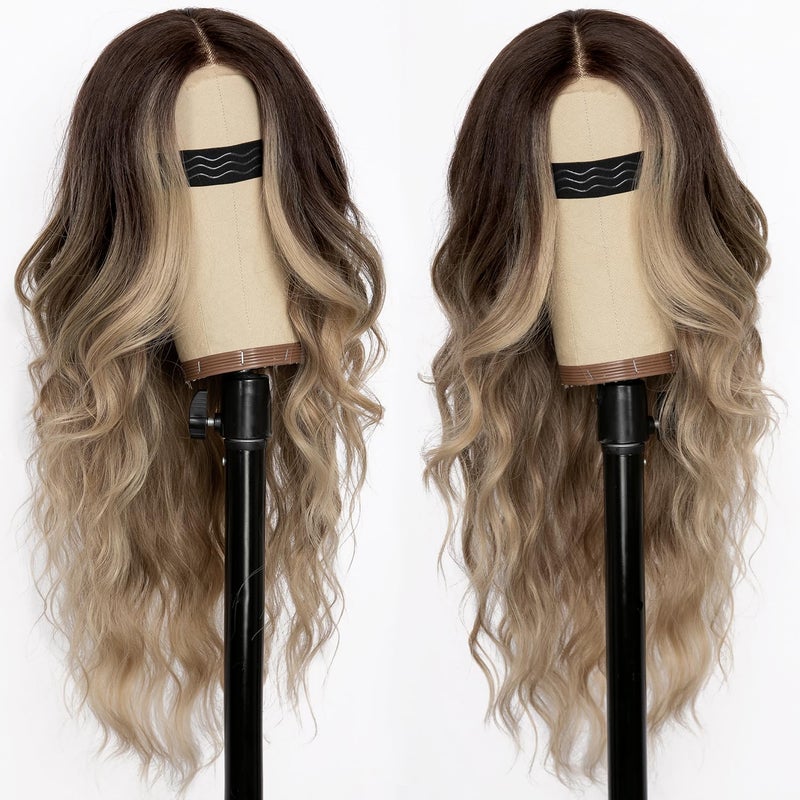 AISI HAIR Ombre Dirty Blonde Wig for Women, Long Wavy Lace Hairline Middle Part Synthetic Wig for Daily Party-26 Inch - Image 2