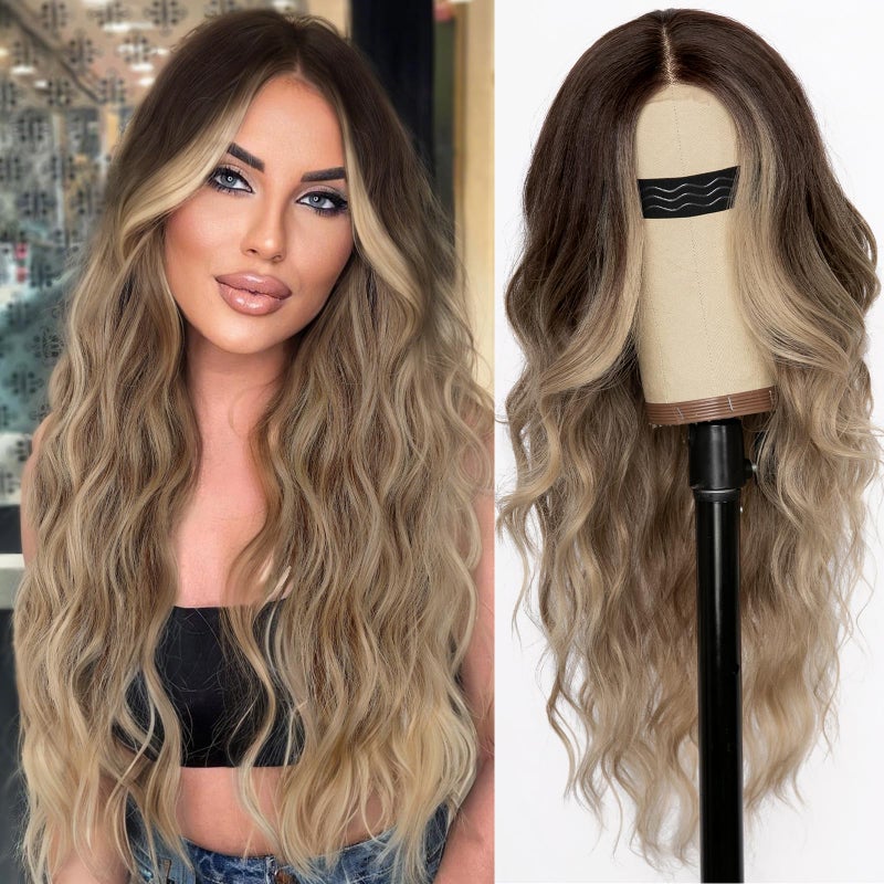AISI HAIR Ombre Dirty Blonde Wig for Women, Long Wavy Lace Hairline Middle Part Synthetic Wig for Daily Party-26 Inch - Image 1