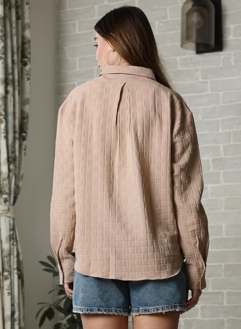 PINACOLADA Pinacolada Women's Camel Beige Intertwine Oversized Shirt For Casual Wear | Spread Collar | Long Cuffed Sleeves | Button Closure | Oversized Shirt Designed With Comfortable Fit For Woman & Girls - Image 5
