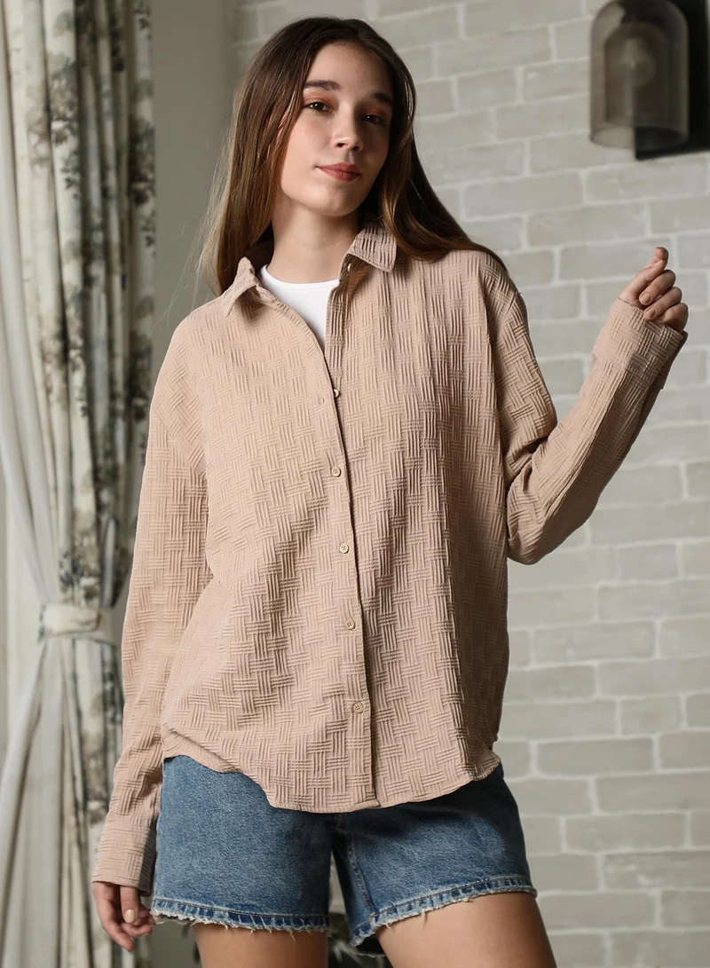 PINACOLADA Pinacolada Women's Camel Beige Intertwine Oversized Shirt For Casual Wear | Spread Collar | Long Cuffed Sleeves | Button Closure | Oversized Shirt Designed With Comfortable Fit For Woman & Girls