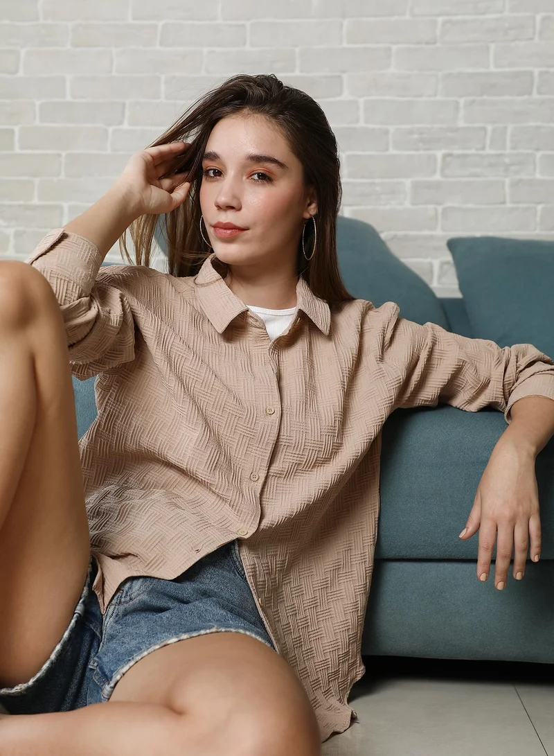 PINACOLADA Pinacolada Women's Camel Beige Intertwine Oversized Shirt For Casual Wear | Spread Collar | Long Cuffed Sleeves | Button Closure | Oversized Shirt Designed With Comfortable Fit For Woman & Girls