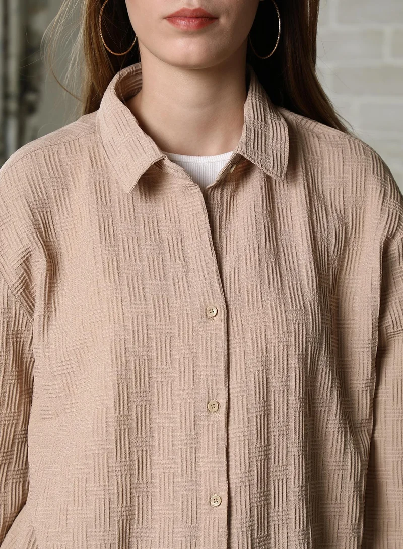 PINACOLADA Pinacolada Women's Camel Beige Intertwine Oversized Shirt For Casual Wear | Spread Collar | Long Cuffed Sleeves | Button Closure | Oversized Shirt Designed With Comfortable Fit For Woman & Girls
