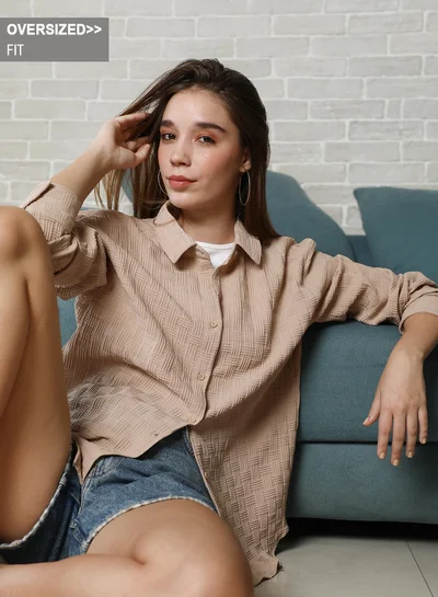 PINACOLADA Pinacolada Women's Camel Beige Intertwine Oversized Shirt For Casual Wear | Spread Collar | Long Cuffed Sleeves | Button Closure | Oversized Shirt Designed With Comfortable Fit For Woman & Girls
