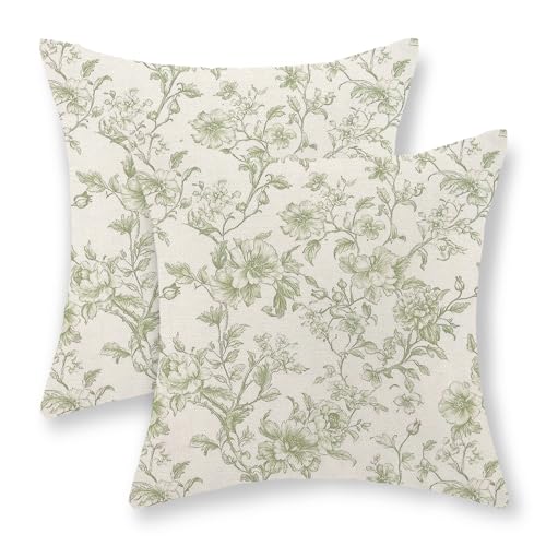 JEFERSO Sage Green Pillow Covers 18x18 Inch Set of 2 Chinoiserie Light Green Floral Throw Pillows Vintage Toile Flower Decorative Pillow Cases Outdoor Floral Decor Linen Cushion Case for Couch Sofa - Image 1