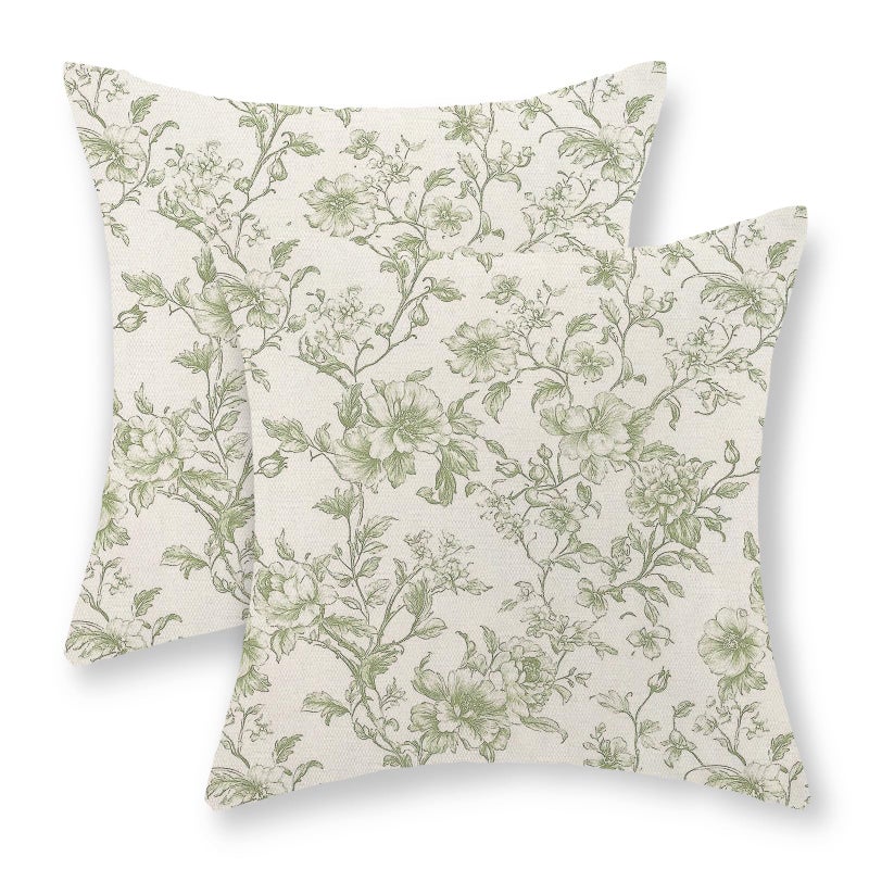 JEFERSO Sage Green Pillow Covers 18x18 Inch Set of 2 Chinoiserie Light Green Floral Throw Pillows Vintage Toile Flower Decorative Pillow Cases Outdoor Floral Decor Linen Cushion Case for Couch Sofa - Image 2