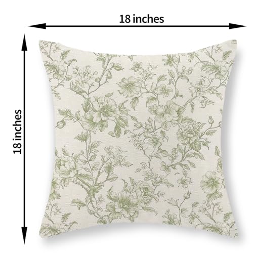 JEFERSO Sage Green Pillow Covers 18x18 Inch Set of 2 Chinoiserie Light Green Floral Throw Pillows Vintage Toile Flower Decorative Pillow Cases Outdoor Floral Decor Linen Cushion Case for Couch Sofa - Image 3