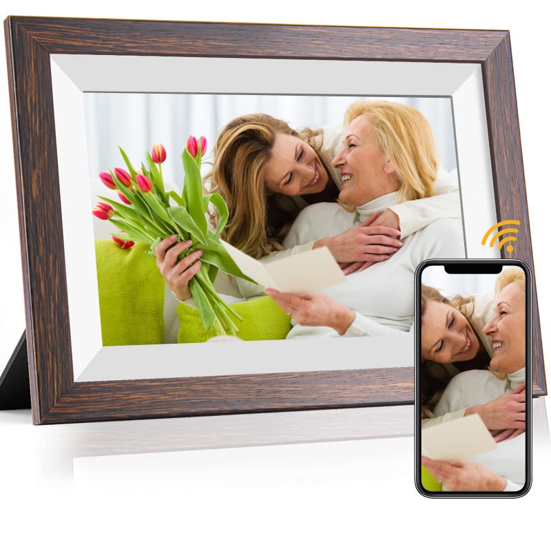 Weipan Frameo-Digital-Picture Frame 10.1 Inch Electronic-Digital Photo Frame with IPS Touch Screen HD Display, Smart WiFi Photos or Videos Farme via Free Frameo APP (Brown Wood Frame) - Image 1