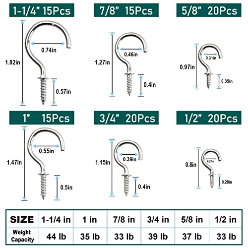 EIENHOSHI 105 Pcs Screw Hooks, 6 Sizes Silver Cup Hooks, Screw in Hooks for Hanging, Metal Cup Hook Screw in (1/2", 5/8", 3/4", 7/8", 1'', 1-1/4") - Image 2