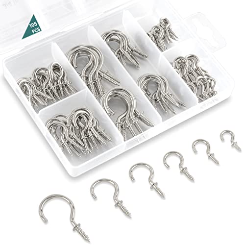 EIENHOSHI 105 Pcs Screw Hooks, 6 Sizes Silver Cup Hooks, Screw in Hooks for Hanging, Metal Cup Hook Screw in (1/2", 5/8", 3/4", 7/8", 1'', 1-1/4") - Image 1