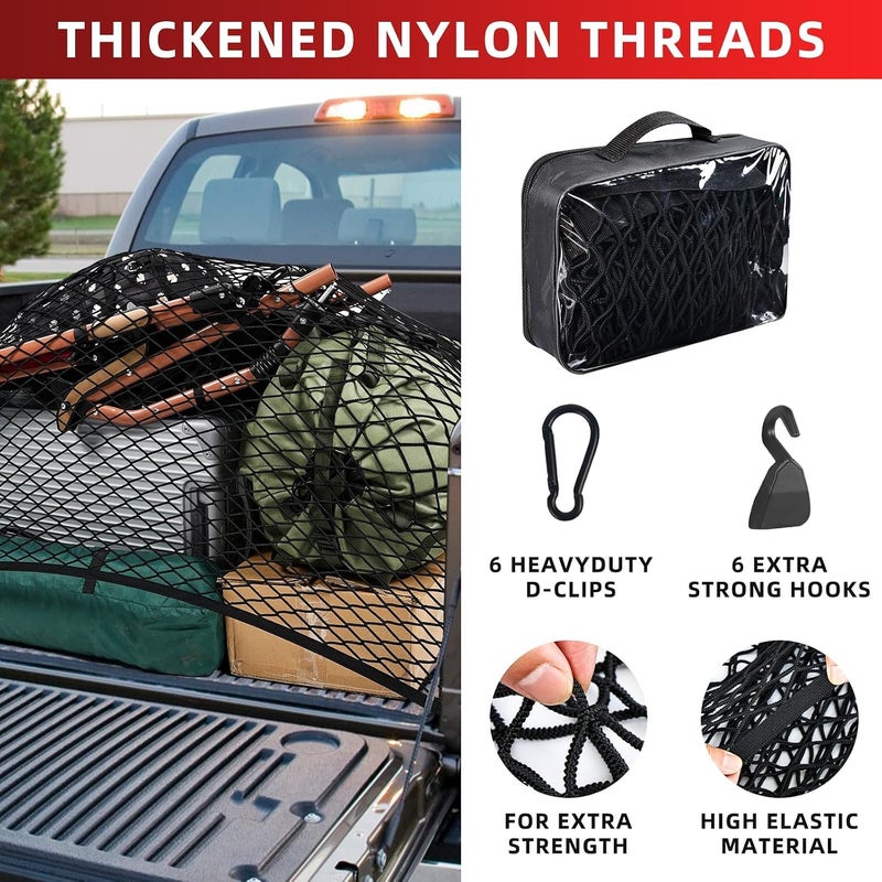 Pickup Truck Bed Cargo Net, 4' x 4' Elastic Stretch Mesh Organizer, Expands to 8'x8', Includes 6 Metal Carabiners & 6 Hooks - Image 5