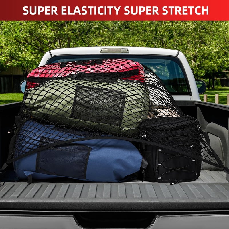 Pickup Truck Bed Cargo Net, 4' x 4' Elastic Stretch Mesh Organizer, Expands to 8'x8', Includes 6 Metal Carabiners & 6 Hooks - Image 3