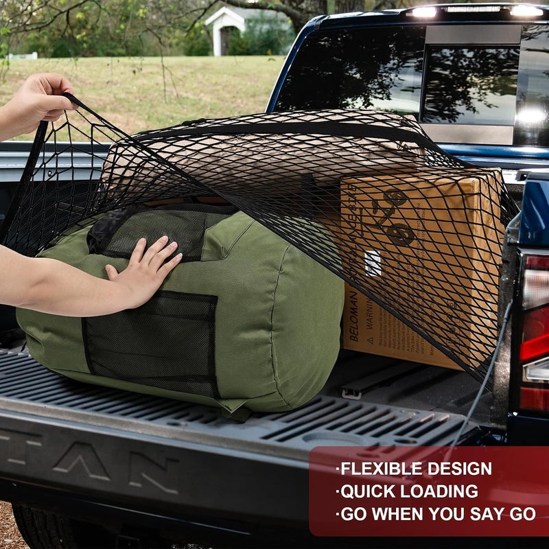Pickup Truck Bed Cargo Net, 4' x 4' Elastic Stretch Mesh Organizer, Expands to 8'x8', Includes 6 Metal Carabiners & 6 Hooks - Image 2