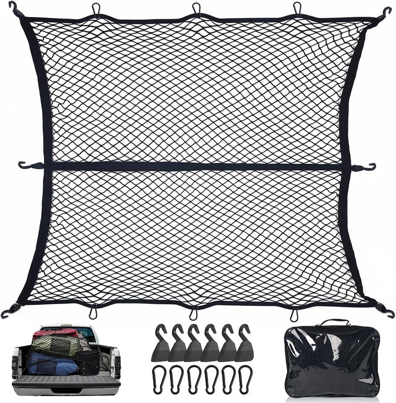 Pickup Truck Bed Cargo Net, 4' x 4' Elastic Stretch Mesh Organizer, Expands to 8'x8', Includes 6 Metal Carabiners & 6 Hooks - Image 1