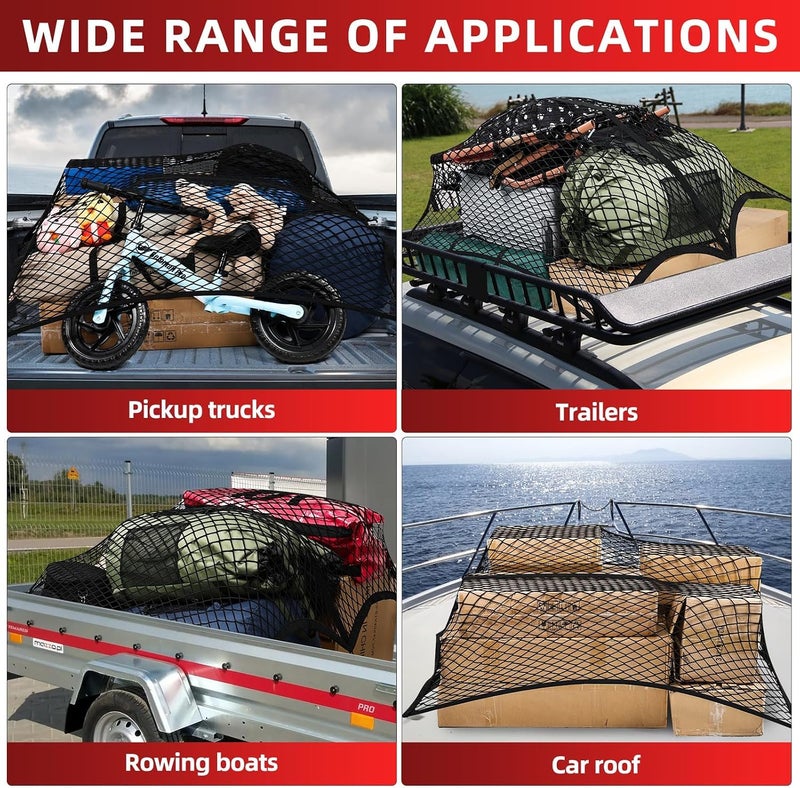 Pickup Truck Bed Cargo Net, 4' x 4' Elastic Stretch Mesh Organizer, Expands to 8'x8', Includes 6 Metal Carabiners & 6 Hooks - Image 4