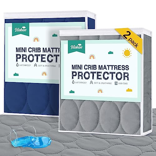 Biloban Mini Crib Mattress Protector Sheets Waterproof 2 Pack Quilted Pack and Play Mattress Pad Cover Fits for Baby Mini CribPlayenPack and Play Mattress Grey Navy 38x24 - Image 1