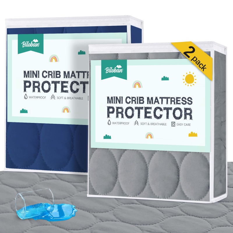 Biloban Mini Crib Mattress Protector Sheets Waterproof 2 Pack Quilted Pack and Play Mattress Pad Cover Fits for Baby Mini CribPlayenPack and Play Mattress Grey Navy 38x24 - Image 2